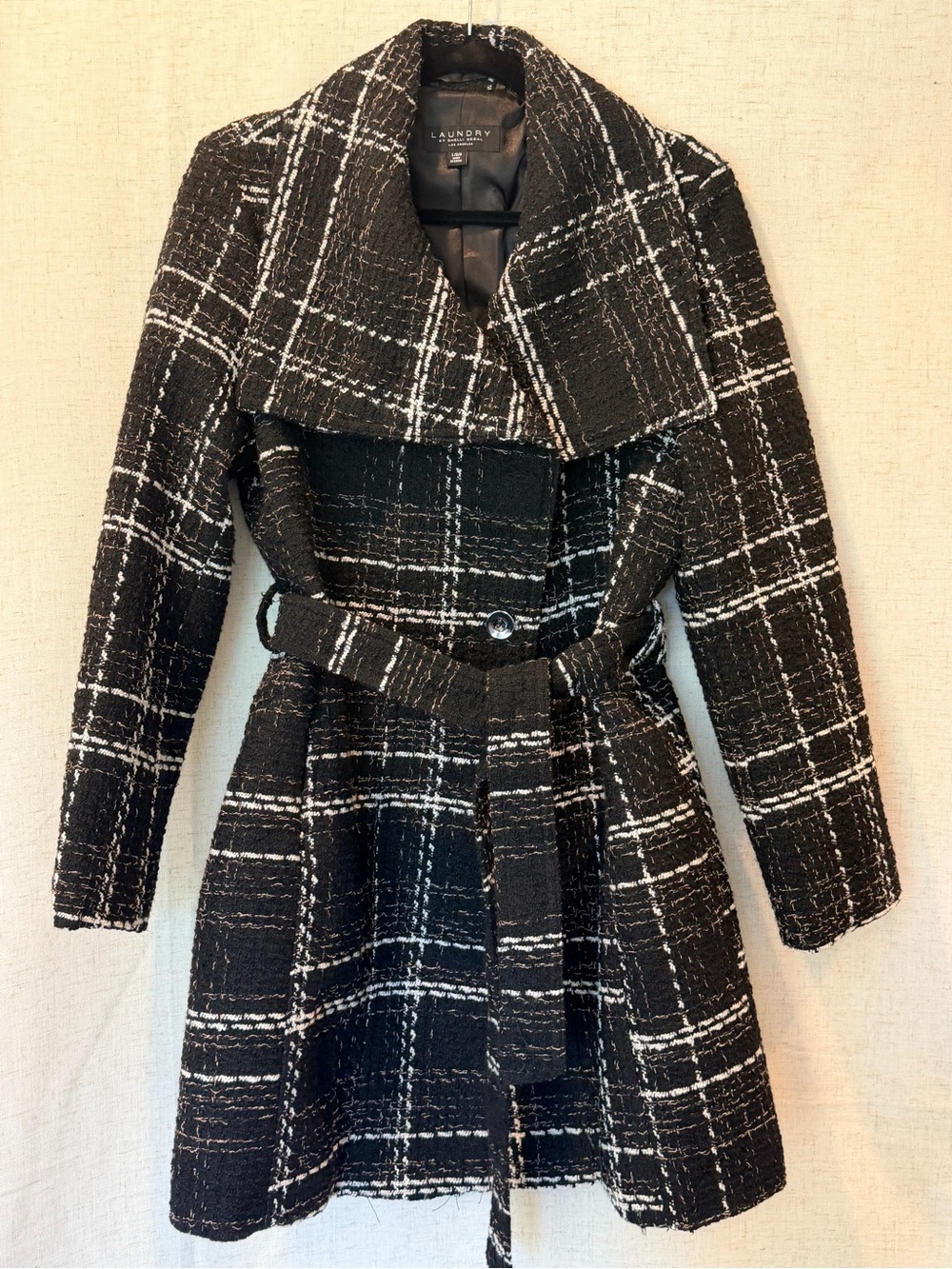 Laundry By Shelli Segal Black and White Plaid Belted Trench Coat